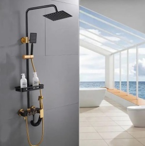 Coloana de Dus, Set de Dus Cu 4 Functii si Para Cu Efect Ploaie, Corp Din Alama Rezistenta, Montare Pe Perete, Design Elegant Cu Detalii Rafinate, Stil Modern Pentru Baie Contemporana, Negru/Auriu - Img 7