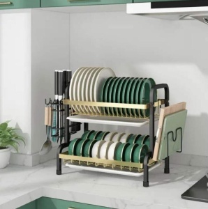 Organizator pentru Uscat Vasele 2 Nivele, 40 x 28.5 x 42.7 cm, inox Auriu/Negru - Img 2