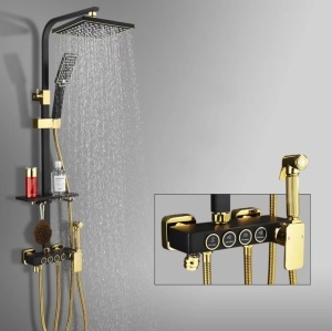 Coloana de Dus, Set de Dus Cu 4 Functii si Para Cu Efect Ploaie, Corp Din Alama Rezistenta, Montare Pe Perete, Design Elegant Cu Detalii Rafinate, Stil Modern Pentru Baie Contemporana, Negru/Auriu - Img 8