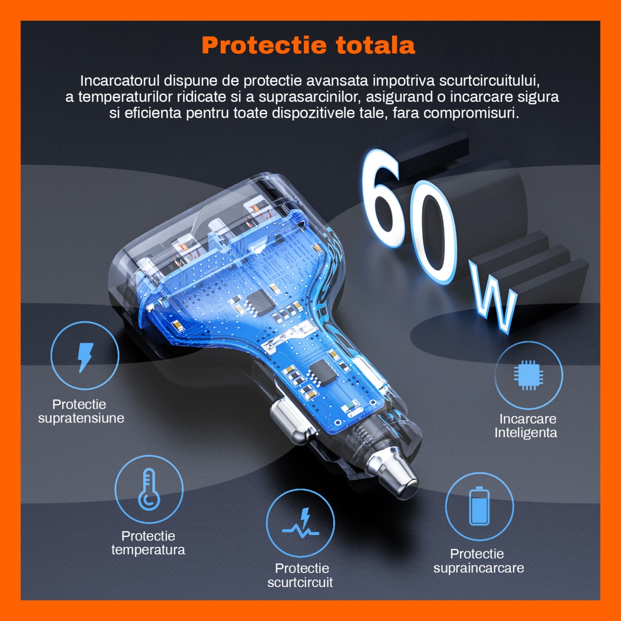Incarcator Auto Rapid RUNEX®, 4 Porturi 60W, Power Delivery, Quick