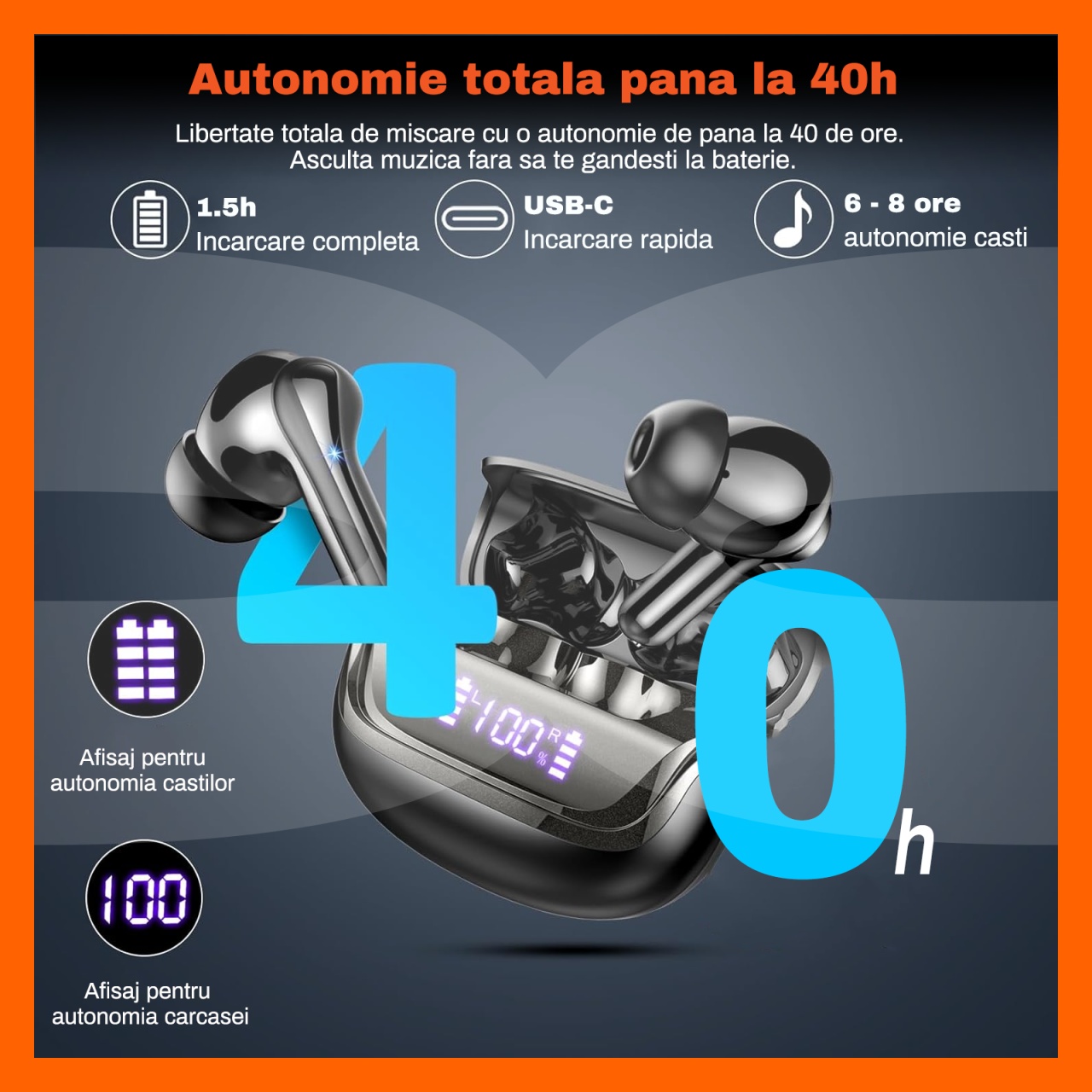 Casti Wireless Audio RUNEX®, Model Urban CX30, Autonomie 40h, Negru