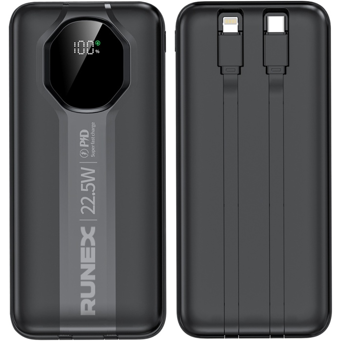 Baterie Externa Runex®, Model PB900, 10.000mAh, Power Bank Portabil, Incarcare Rapida 22.5W, 3 Porturi, Display LED, Compatibil Apple, Samsung, Universal, Acumulator 2 Cabluri, Type-C, Lightning