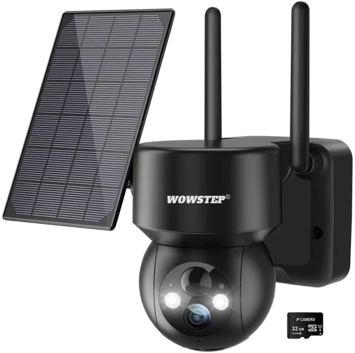 Camera de Supravegere WowStep®, Wi-Fi, 2K, Panou Solar, Detectare Umana, Unghi Captare 360°, Negru
