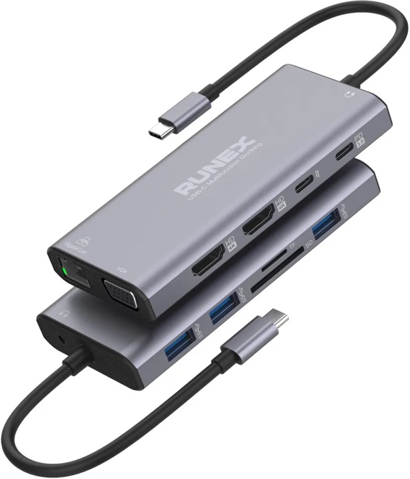 Docking Station USB Type-C 12 in 1 RUNEX® 2 x HDMI, 2 x Type-C, 3 x USB-A 3.0, VGA, Card Reader si Micro Cititor, 1000mbps, Jack AUX