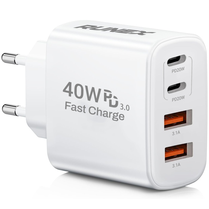 Incarcator Retea 40W RUNEX®, 4 Porturi, Adaptor Priza Quick Charge, Protectie Supracurent