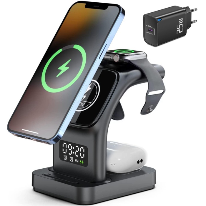 Incarcator Wireless 5 in 1 RUNEX®, Statie de Incarcare Rapida, Ceas Digital, Lumina de Veghe, Alarma, Fast Charging Compatibil