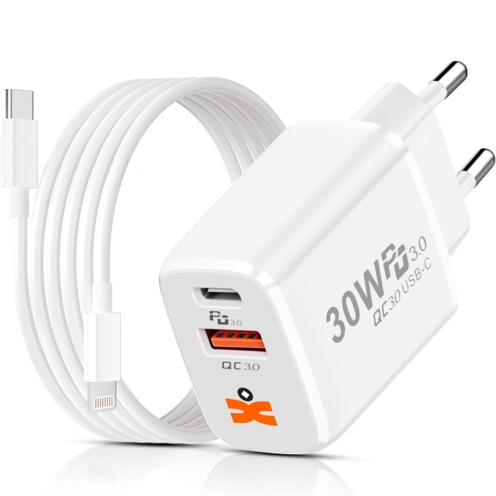 Set Incarcator 30W Runex®, Porturi Type-C si USB-A, Compatibil iPhone, Samsung, Huawei, Universal, Cablu Lightning 100 cm