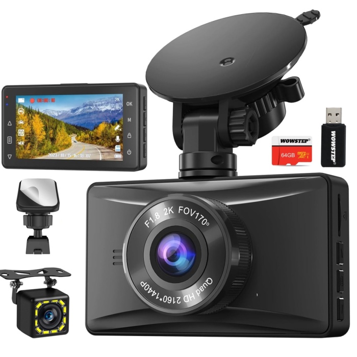 Camera Auto DVR, WowStep®, Model K-A3, 2K, Unghi de vizualizare de 170°, Night Vision,Card 64gb, Ventuza si Adeziv 3M, Diafragma f/1.8