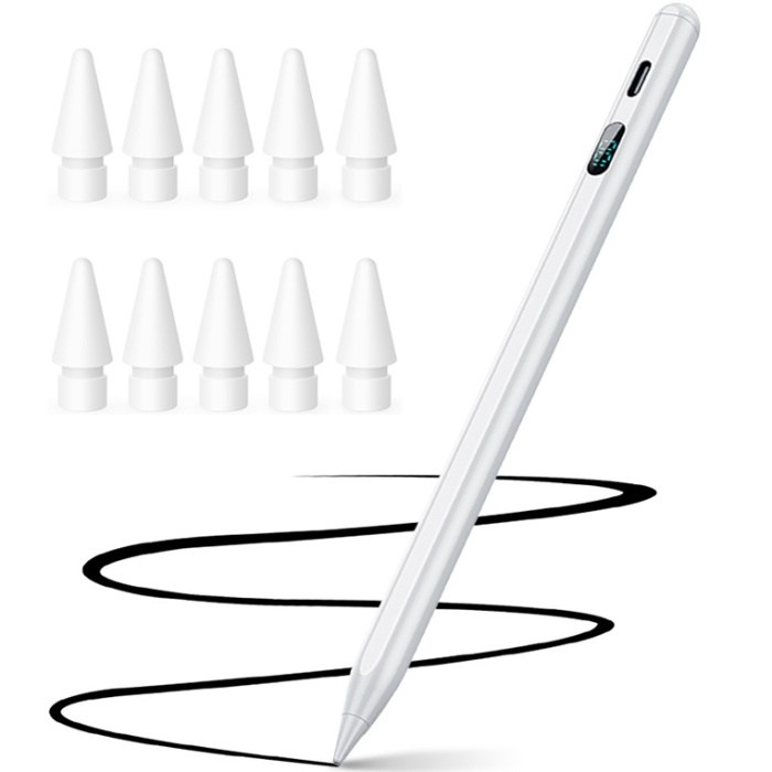Stylus iPad Pen, WowStep®, Compatibil cu Tablete Apple, 10 Capete de Rezerva, Afisaj Procentaj Baterie, Alb