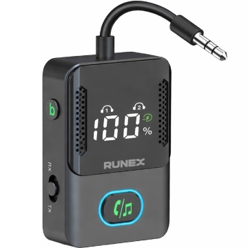 Adaptor Bluetooth Runex®, Bluetooth 5.3, Receptor si Transmitator Audio 2 in 1, RX/TX, Jack 3.5 mm, Display LED, Baterie 240 mAh, Autonomie pana la 17 Ore, Conectare Simultana 2 Dispozitive, Compatibil TV, Telefon, Casti, Boxe, Negru