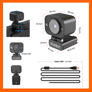 Camera Web Runex® 4K, 8MP, Auto-Focus Rotire 360 Grade, Microfon Dual, Trepied - Img 8