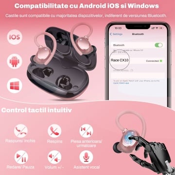 Casti Audio Wireless RUNEX®, Model Race TX10, Sport, Microfon ENC, Afisaj LED, Control Tactil, Autonomie 72h, Carcasa Magnetica, 600mAh, Roz - Img 5