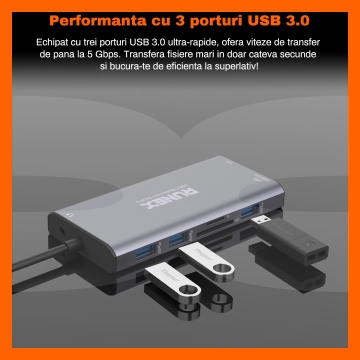 Docking Station USB Type-C 12 in 1 RUNEX® 2 x HDMI, 2 x Type-C, 3 x USB-A 3.0, VGA, Card Reader si Micro Cititor, 1000mbps, Jack AUX - Img 9