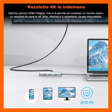 Hub USB 6 in 1 RUNEX®, Conexiune Type-C, 3 Porturi USB 3.2, Semnal Video HDMI 4K 30hz - Img 4