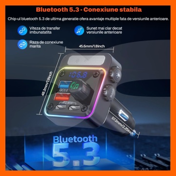 Modulator FM RUNEX®, Incarcator Auto, Bluetooth 5.3, Incarcare Rapida, 54W, Hands-Free, Microfon, Iluminare, Compatibilitate Universala - Img 3