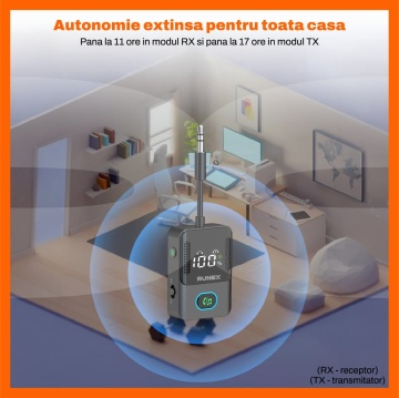 Resigilat - Adaptor Bluetooth Runex®, Bluetooth 5.3, Receptor si Transmitator Audio 2 in 1, RX/TX, Jack 3.5 mm, Display LED, Baterie 240 mAh, Autonomie pana la 17 Ore, Conectare Simultana 2 Dispozitive, Compatibil TV, Telefon, Casti, Boxe, Negru - Img 6