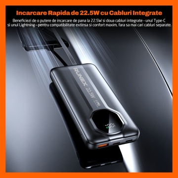 Resigilat - Baterie Externa Runex®, Model PB900, 20.000mAh, Power Bank Portabil, Incarcare Rapida 22.5W, 3 Porturi, Display LED, Compatibil Apple, Samsung, Universal, Acumulator 2 Cabluri, Type-C, Lightning - Img 2