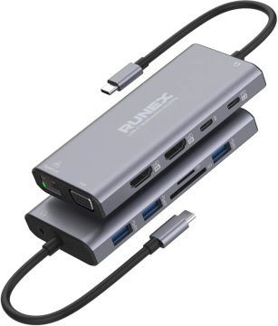 Resigilat - Docking Station USB Type-C 12 in 1 RUNEX® 2 x HDMI, 2 x Type-C, 3 x USB-A 3.0, VGA, Card Reader si Micro Cititor, 1000mbps, Jack AUX