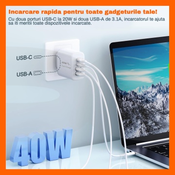 Resigilat - Incarcator Retea 40W RUNEX®, 4 Porturi, Adaptor Priza Quick Charge, Protectie Supracurent - Img 2