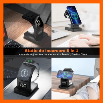 Resigilat - Incarcator Wireless 5 in 1 RUNEX®, Statie de Incarcare Rapida, Ceas Digital, Lumina de Veghe, Alarma, Fast Charging Compatibil - Img 7