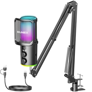 Resigilat - Microfon Gaming RUNEX®, Pop Filter, Condensator, Brat Articulat Prindere Masa, Iluminare RGB, Reducere Zgomot, Echo & Volume Control, USB-C, 16mm, Streaming Youtube, Tiktok, Twitch, Discord, Compatibil Universal, Mufa Jack 3.5mm, Negru