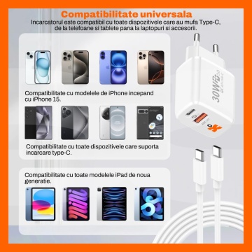 Resigilat - Set Incarcator 30W Runex®, Porturi Type-C si USB-A, Compatibil iPhone, Samsung, Huawei, Universal, Cablu Type-C 100 cm - Img 10