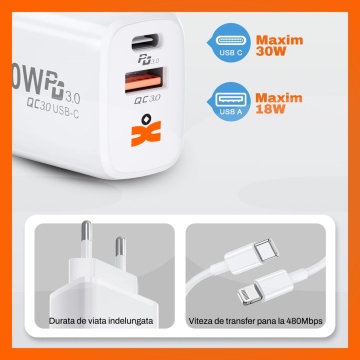 Resigilat - Set Incarcator 30W Runex®, Porturi Type-C si USB-A, Compatibil iPhone, Samsung, Huawei, Universal, Cablu Lightning 100 cm - Img 6