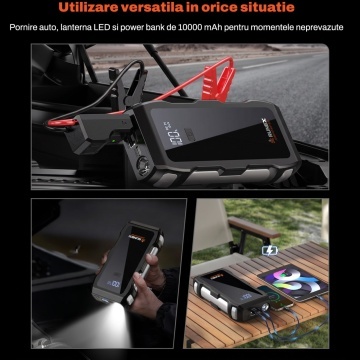 Resigilat - Starter Auto Multifunctional Runex®, Jump Starter Masina, Baterie Litiu-Ion 10000 mAh, Curent 1200 A, Pornire Motoare Benzina pana la 8 L, Diesel pana la 4 L, Lanterna 800 Lumeni, Powerbank, 2 x USB, Type-C, Ecran Inteligent, Cleme Incluse - Img 3