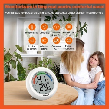 Resigilat - Termometru si Higrometru Digital de Camera Runex®, Ecran LCD 2 inch, Masurare Temperatura si Umiditate, Indicator Vizual de Confort, Actualizare la 10 Secunde, Comutare °C/°F, Indicator Baterie, Suport de Masa si Agatatoare, Pentru Camera - Img 2