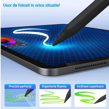 Stylus iPad Pen, WowStep®, Compatibil cu Tablete Apple, 10 Capete de Rezerva, Afisaj Procentaj Baterie, Negru - Img 4