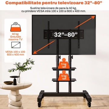 Suport TV Mobil pe Roti Runex®, Stand pentru Televizoare 32-80 Inch, Compatibil VESA 100x100 - 600x400 mm, Inaltime Reglabila 112-162 cm, Sarcina Maxima 40 kg, 2 Rafturi Media, Structura Dubla, Roti 360° cu Blocare, Management Cabluri, Sistem de Siguranta - Img 2
