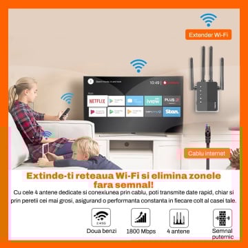 Amplificator Semnal Wireless RUNEX®, Extender Wi-Fi, 2.4GHz si 5Ghz, 200m, WAN si LAN - Img 5
