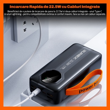 Baterie Externa Runex®, Model PB900, 30.000mAh, Power Bank Portabil, Incarcare Rapida 22.5W, 6 Porturi, Display LED, Compatibil Apple, Samsung, Universal, Acumulator 2 Cabluri, Type-C, Lightning - Img 2