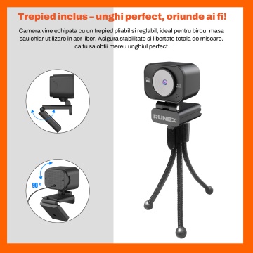 Camera Web Runex® 4K, 8MP, Auto-Focus Rotire 360 Grade, Microfon Dual, Trepied - Img 9