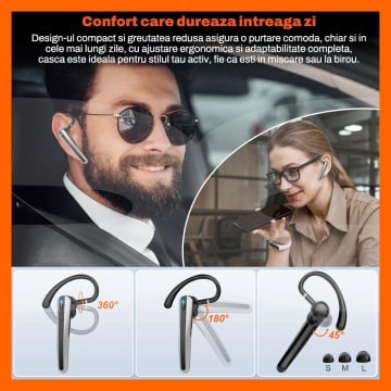 Casca Bluetooth RUNEX®, Model Prime SX10, HandsFree, Bluetooth 5.4, Doua Microfoane, Eliminare Zgomot, Autonomie 45h, Baterie 430mAh, Raza Actiune 10m, Apeluri HD, Type-C, Compatibilitate Universala - Img 3