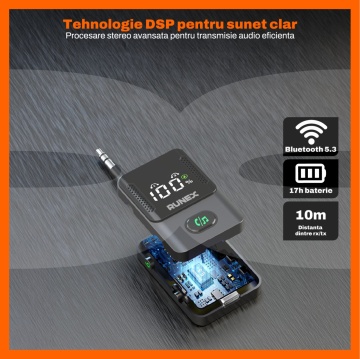 Resigilat - Adaptor Bluetooth Runex®, Bluetooth 5.3, Receptor si Transmitator Audio 2 in 1, RX/TX, Jack 3.5 mm, Display LED, Baterie 240 mAh, Autonomie pana la 17 Ore, Conectare Simultana 2 Dispozitive, Compatibil TV, Telefon, Casti, Boxe, Negru - Img 3
