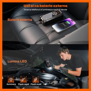 Resigilat - Compresor Auto Portabil 3 in 1 Runex®, 120W, 12V, Tip Baterie Externa, Capacitate 6000 mAh, Afisaj Digital LED, USB-C, Manometru, Oprire Automata, Pompa Aer Masina, Umflare Roti, Minge, Bicicleta, Lumina LED, 25 L/min, 6 Accesorii Incluse - Img 7