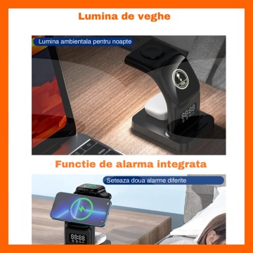 Resigilat - Incarcator Wireless 5 in 1 RUNEX®, Statie de Incarcare Rapida, Ceas Digital, Lumina de Veghe, Alarma, Fast Charging Compatibil - Img 4