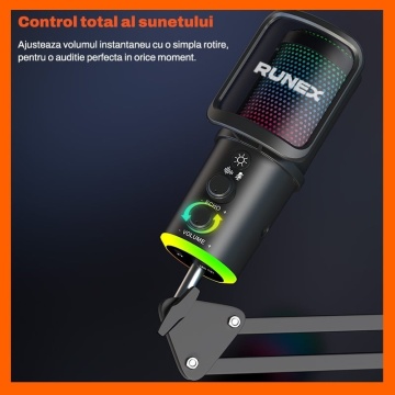 Resigilat - Microfon Gaming RUNEX®, Pop Filter, Condensator, Brat Articulat Prindere Masa, Iluminare RGB, Reducere Zgomot, Echo & Volume Control, USB-C, 16mm, Streaming Youtube, Tiktok, Twitch, Discord, Compatibil Universal, Mufa Jack 3.5mm, Negru - Img 8