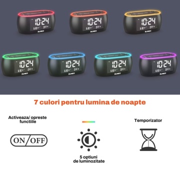 Resigilat - Radio cu Ceas RUNEX®, Alarma Dubla, Lumina de Veghe in 7 Culori, Afisaj Digital cu Luminozitate Reglabila 0-100%, Radio FM, Port USB, Incarcarea Telefonului, Temporizator Somn, Memorare Setari prin Baterii, 12x6x6 cm, Design Modern, Negru - Img 6