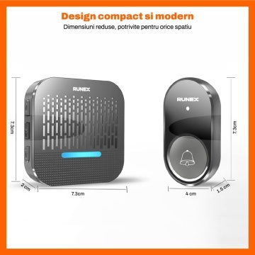 Resigilat - Sonerie Wireless Cu 2 Receptoare Runex®, pentru Usa, Poarta, Exterior, Digitala, Electrica, Raza De Actiune 300 m fara Fir, IP65, 55 Melodii, 5 Niveluri De Volum, 110 dB, Indicator LED, Alimentare La Priza AC, Negru - Img 7