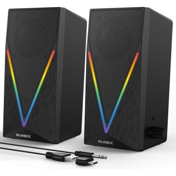 Set Boxe Gaming Runex® 2.0, 2 x 3W, Sunet Stereo cu Bass Imbunatatit, Iluminare RGB, Conectare AUX 3.5 mm, Alimentare USB, Control Volum Frontal, Compatibile PC, Laptop, Monitor, Tableta si Smartphone