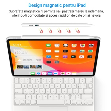 Stylus iPad Pen, WowStep®, Compatibil cu Tablete Apple, 10 Capete de Rezerva, Afisaj Procentaj Baterie, Alb - Img 3