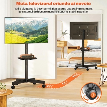 Suport TV Mobil pe Roti Runex®, Stand pentru Televizoare 23-60 Inch, Compatibil VESA 100x100 - 400x400 mm, Inaltime Reglabila 139.7-144.8 cm, TV Plat sau Curbat, Sarcina Maxima 39.9 kg, Raft Reglabil, Inclinare -2°/+8°, Roti cu Blocare, Management Cabluri - Img 6