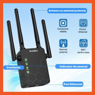 Amplificator Wireless Runex®, Dual Band 2.4G / 5G, Viteza 300 Mbps pe 2.4G si 866 Mbps pe 5G, 4 Antene 2dBi, 2 Porturi LAN, Semnal Stabil, Fallback Automat, Acoperire Puternica - Img 2