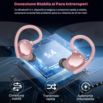 Casti Audio Wireless RUNEX®, Model Race TX10, Sport, Microfon ENC, Afisaj LED, Control Tactil, Autonomie 72h, Carcasa Magnetica, 600mAh, Roz - Img 7
