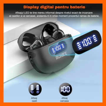 Casti Wireless Audio fara Fir RUNEX®, Model Urban CX20, Afisaj LED, Control Tactil, Autonomie 40h, Negru - Img 2