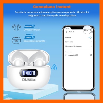 Casti Wireless Audio RUNEX®, Model Urban CX20, Afisaj LED, Control Tactil, Autonomie 40h, Alb - Img 5