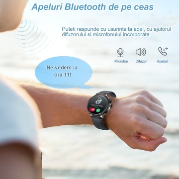 Ceas Smartwatch, Apelare Bluetooth, Asistenta Vocala, Curea Metalica din Silicon, Notificari Apeluri/Sms/Social Media, Monitorizare Activitati Fizice, Gold - Img 2