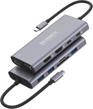Docking Station USB Type-C 12 in 1 RUNEX® 2 x HDMI, 2 x Type-C, 3 x USB-A 3.0, VGA, Card Reader si Micro Cititor, 1000mbps, Jack AUX - Img 1
